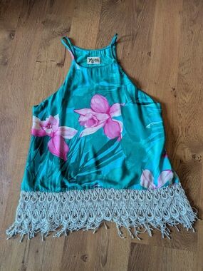 Show Me Your MuMu Teal Floral Fringe Tank Top